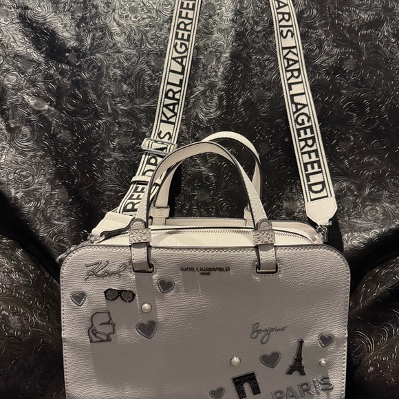 KARL LAGERFELD MAYBELLE BLACK WHITE SATCHEL TOTE CROSSBODY - Picture 2 of 11